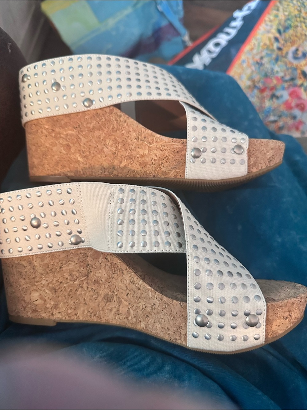 Lucky Brand Studded White Cork Wedge Slide Sandals - Women - Picture 10 of 12
